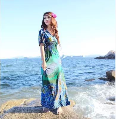 Special-Design-Plus-Size-Women-Boho-Dress-Summer-Maxi-Beach-Dresses-Short-Sleeve-Deep-V-neck