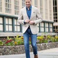 tan-camel-blazer-blue-denim-shirt-jeans-brown-suede-penny-loafers-casual-happy-hour-outfit-attire-men-1-200x200