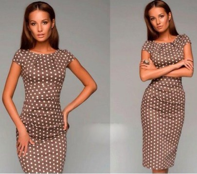 coffee-polka-dot-print-cap-sleeve-slim-midi-dress