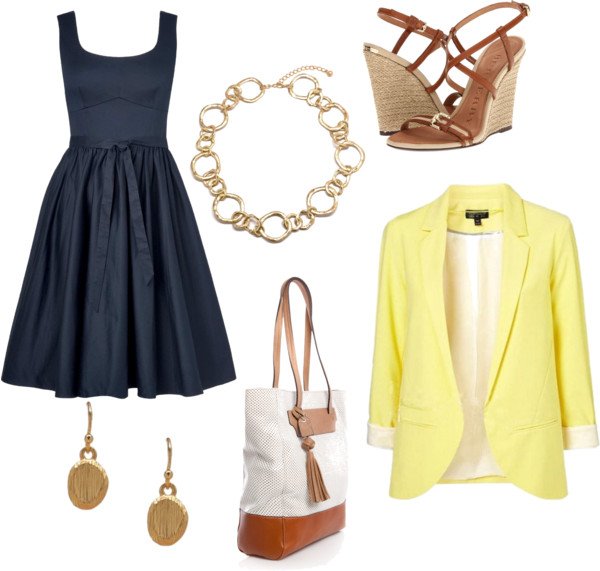 Fashionable-Blue-Dress-Outfit-with-Yellow-Blazer