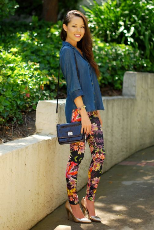 3-floral-print-pants-with-chambray-shirt